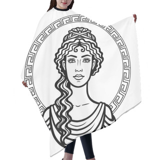 Personality  Linear Portrait Of The Young Greek Woman With A Traditional Hairstyle. Decorative Circle. Vector Illustration Isolated On A White Background. Hair Cutting Cape