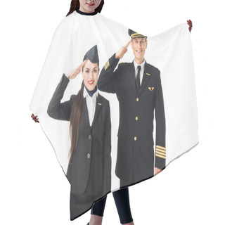 Personality  Young Stewardess And Pilot Saluting Isolated On White Hair Cutting Cape