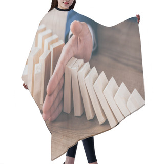 Personality  Partial View Of Risk Manager Blocking Domino Effect Of Falling Wooden Blocks  Hair Cutting Cape
