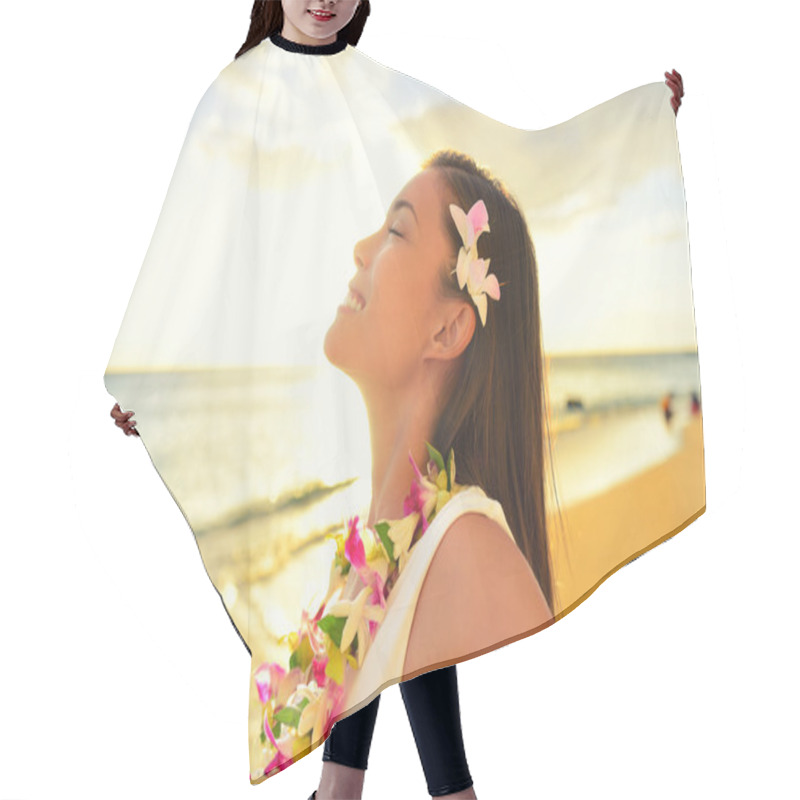 Personality  Happy Carefree Woman On Hawaii Beach Hair Cutting Cape