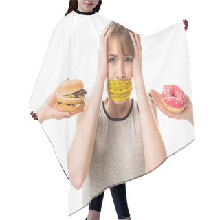 Personality  Young Woman With Mouth Tied In Measuring Tape Screaming While People Giving Her Junk Food Isolated On White Hair Cutting Cape