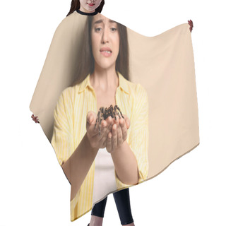 Personality  Scared Young Woman Holding Tarantula On Beige Background. Arachnophobia (fear Of Spiders) Hair Cutting Cape