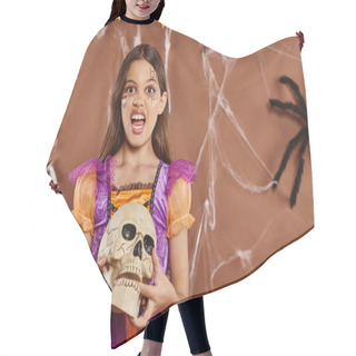 Personality  Girl In Halloween Costume Holding Skull And Growling At Camera On Brown Background, Spooky Season Hair Cutting Cape
