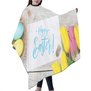Personality  Easter Greeting Card With Easter Eggs And Tulip Flowers Over Wooden Background. Top View Flat Lay With Copy Space Hair Cutting Cape