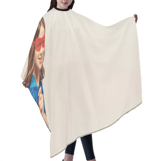 Personality  Happy Pretten Girl In Superhero Costume With Blue Cloak And Red Mask On Face Looking At Camera And Smiling While Celebrating International Children's Day On Grey Background, Banner  Hair Cutting Cape