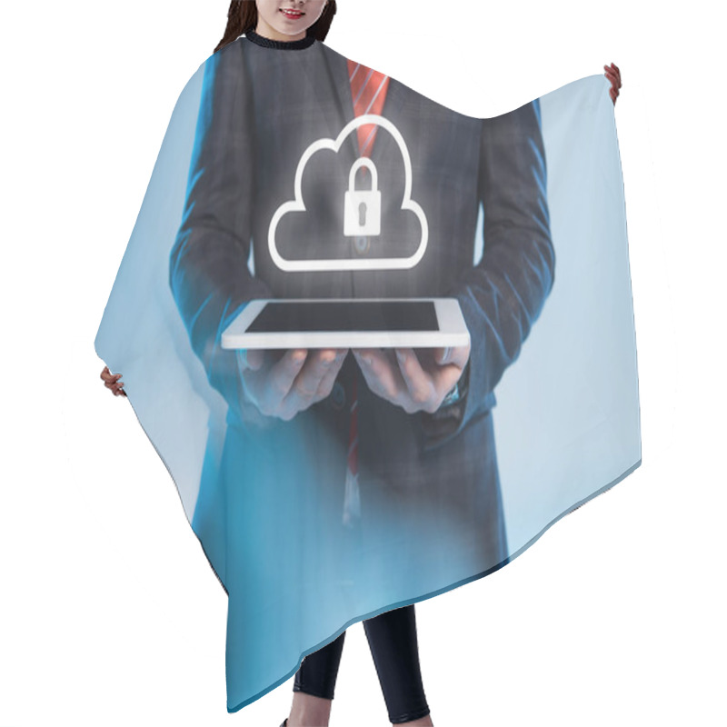 Personality  Partial View Of Businessman Holding Digital Tablet With Lock And Cloud Icons Above On Blue Background Hair Cutting Cape