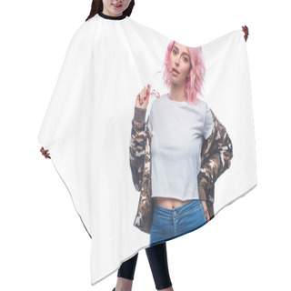 Personality  Stylish Hipster Woman With Pink Hairstyle Hair Cutting Cape