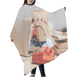 Personality  Child With Paper Bag On Head With Telephone Hair Cutting Cape