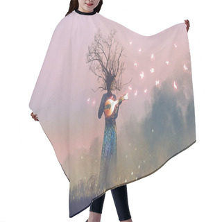 Personality  Creature With Branch Head Playing Magic Banjo String Instrument With Glowing Butterflies, Digital Art Style, Illustration Painting Hair Cutting Cape