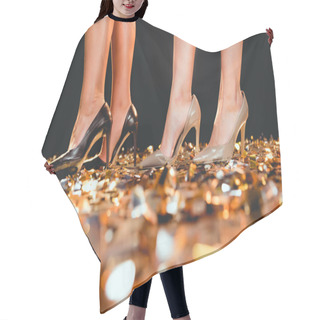 Personality  Cropped View Of Girls In High Heels Standing On Golden Confetti On Party Hair Cutting Cape