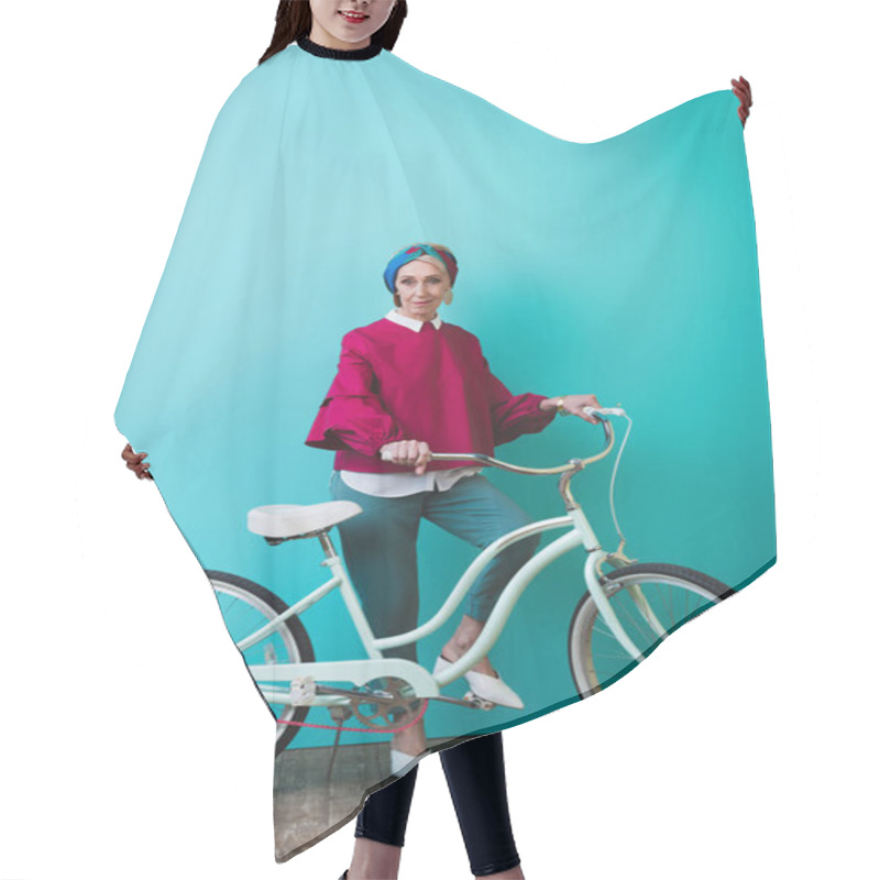 Personality  Fashionable Senior Woman Posing With Bike Near Turquoise Wall Hair Cutting Cape