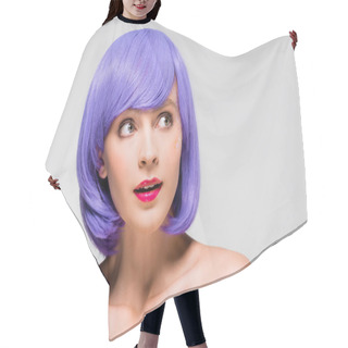 Personality  Stylish Naked Girl In Purple Wig Isolated On Grey Hair Cutting Cape