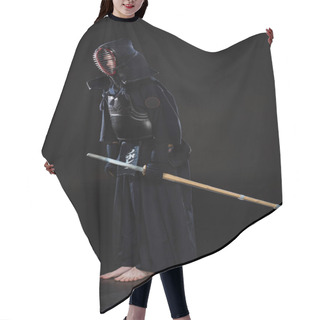 Personality  Full Length View Of Kendo Fighter With Sword Bowing On Black Hair Cutting Cape