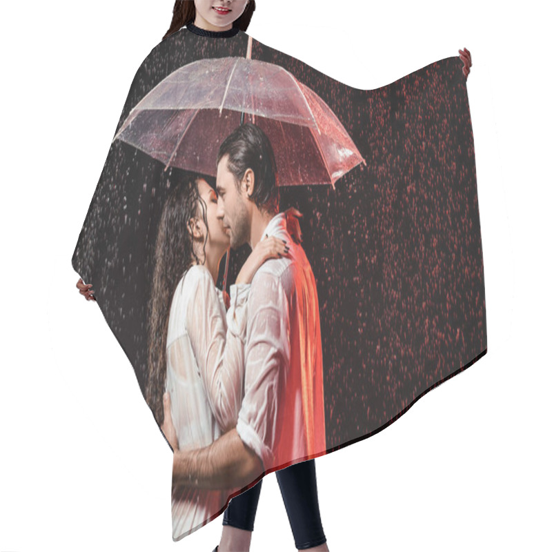 Personality  Side View Of Romantic Couple In White Shirts With Umbrella Standing Under Rain On Black Backdrop Hair Cutting Cape