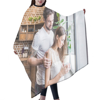 Personality  Smiling Man Hugging Woman Hair Cutting Cape