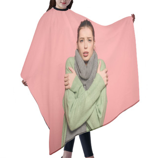 Personality  Diseased Girl In Warm Scarf Hugging Herself While Having Fever Isolated On Pink Hair Cutting Cape