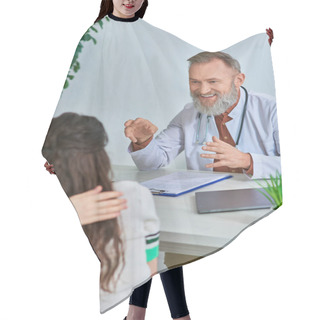 Personality  Cheerful Grey Bearded Doctor Gesturing And Talking Joyfully To Young Lgbt Couple, Ivf Concept Hair Cutting Cape