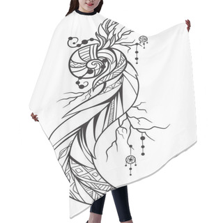Personality  Black And White Illustration Of A Boho Element. Doodle Illustration Of Cockleshell With Feathers And Beads  For Sketch Of Tattoos, Printing On T-shirts, Covers And Your Creativity. Coloring For Adults Hair Cutting Cape