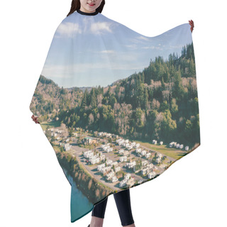 Personality  February 20, 2022: At Rivers RV Resort In Brookings Oregon USA Next To Chetco River. Drone Image.  Hair Cutting Cape