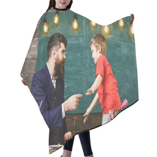 Personality  Teacher With Beard, Father And Little Son Having Fun In Classroom, Chalkboard On Background. Child Cheerful And Teacher Painting, Drawing. Talented Artist Spend Time With Son. Fatherhood Concept Hair Cutting Cape
