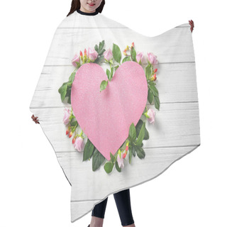 Personality  Heart Shaped Sheet Of Paper With Beautiful Flowers On White Wooden Background Hair Cutting Cape