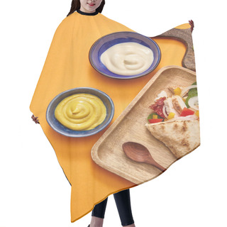 Personality  Top View Of Fresh Burrito With Chicken And Vegetables On Board Near Chili Sauce On Orange Background Hair Cutting Cape