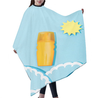 Personality  Top View Of Paper Cut Sun And Sea Waves With Dispenser Bottle Of Sunscreen On Blue Background Hair Cutting Cape