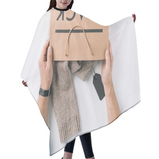 Personality  Man Holding Paper Bag With Sweater Hair Cutting Cape