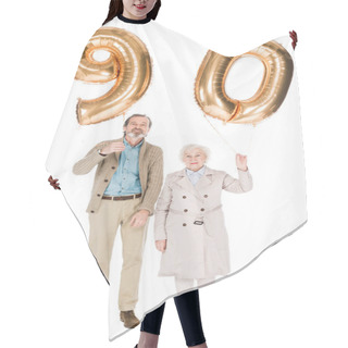 Personality  Happy Senior Couple Holding 90 Balloons Isolated On White Hair Cutting Cape