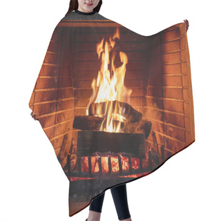 Personality  Fireplace, Fire Burning, Cozy Warm Fireside, Holiday Christmas Home. Wood Logs Flaming, Bricks Background, Closeup View Hair Cutting Cape