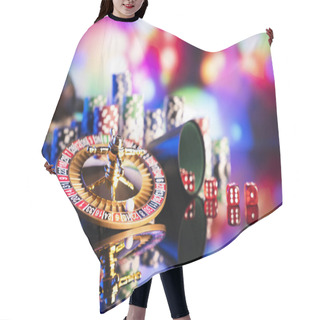Personality  Gambling Theme.  Dice, Roulette Wheel And Poker Chips On Color Bokeh Background. Hair Cutting Cape