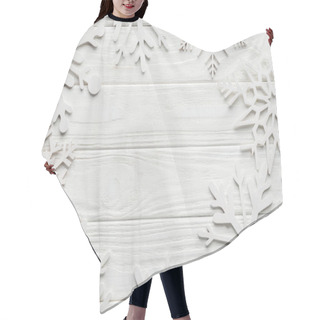 Personality  Flat Lay With Decorative Snowflakes On White Wooden Tabletop With Blank Space In Middle Hair Cutting Cape