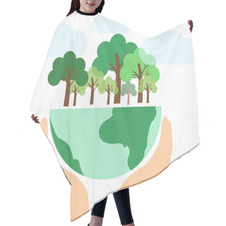 Personality  Illustration Of Hands Holding Globe With Green Trees, Environment Day Concept  Hair Cutting Cape