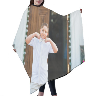 Personality  Portrait Of Little Boy On White Wear And Bow Tie On First Holy C Hair Cutting Cape
