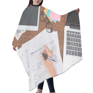 Personality  Cropped View Of Woman Filling Tax Forms At Workplace With Digital Devices And Stationery Hair Cutting Cape