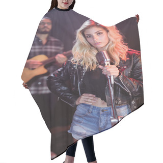 Personality  Female Singer With Hand On Hip And Mic Hair Cutting Cape
