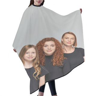 Personality  Happy Women Red Hair Posing With Girl In Matching Outfits On Grey Backdrop, Three Generations Hair Cutting Cape