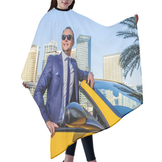 Personality  Successful Yang Businessman In Yellow Cabrio Car. Hair Cutting Cape