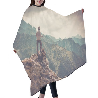 Personality  Woman Hiker On A Top Of A Mountain  Hair Cutting Cape