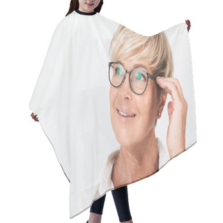 Personality  Portrait Of Smiling Adult Woman Looking Aside And Touching Her Eyeglasses Hair Cutting Cape