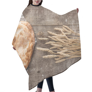 Personality  Top View Of Lavash Bread On Gray Towel With Pattern Near Wheat Spikes On Wooden Table Hair Cutting Cape
