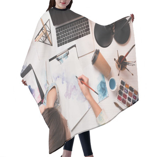 Personality  Office Desk With Laptop, Art Supplies And Drawing Female Artist, Flat Lay Hair Cutting Cape