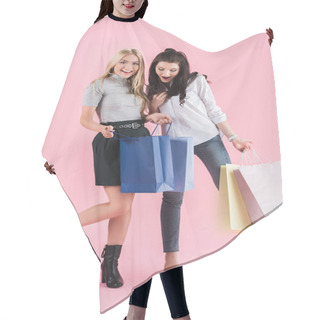 Personality  Enthusiastic Girls Looking In Shopping Bags On Pink Background Hair Cutting Cape