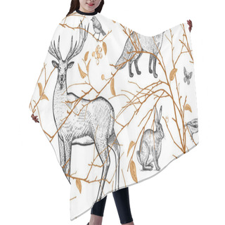 Personality  Seamless Pattern With Tree Branches, Forest Animals And Birds. Deer, Fox, Hare, Squirrel. Vector Illustration Art. Natural Design For Fabrics, Textiles, Paper, Wallpapers. Gold Black, White. Vintage. Hair Cutting Cape