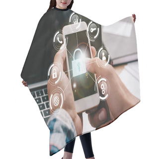 Personality  Cropped Shot Of Businessman Using Smartphone With Cyber Security Signs At Workplace With Laptop Hair Cutting Cape