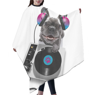 Personality  French Bulldog  Dog Playing Music In A Club With Disco Ball , Isolated On White Background, With Vinyl Record And Scratching  Turntable Hair Cutting Cape