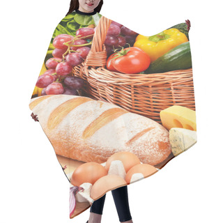 Personality  Assorted Grocery Products Including Vegetables Fruits Wine Bread Hair Cutting Cape