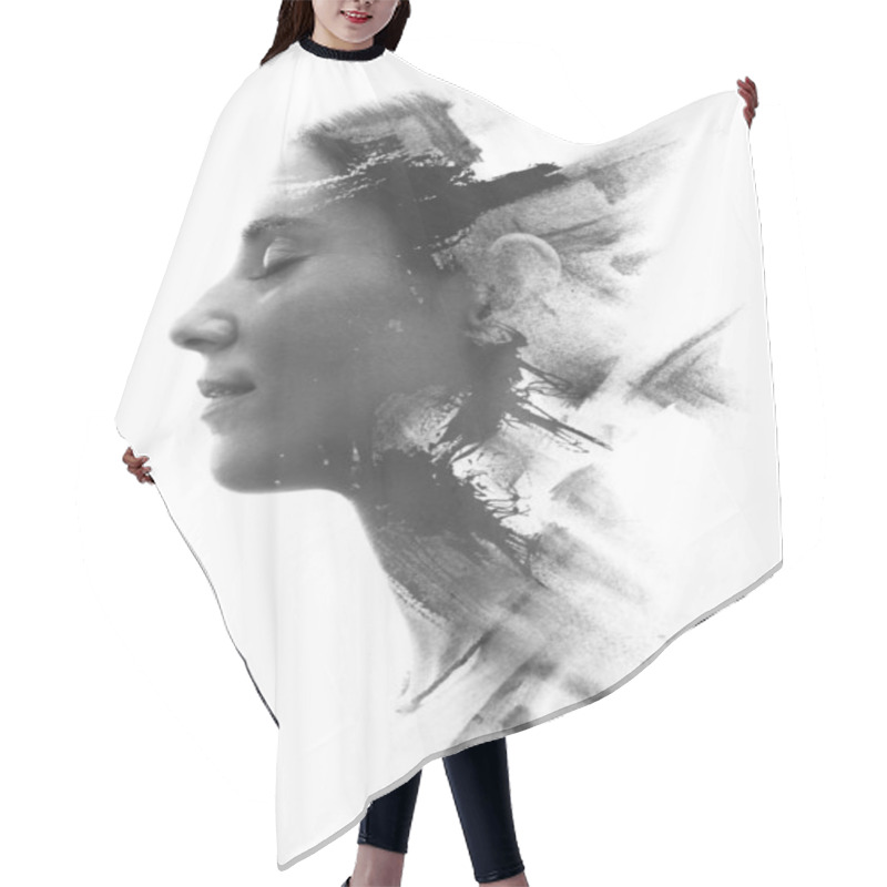 Personality  Paintography. Double Exposure Portrait Of A Young Woman���s Prof Hair Cutting Cape