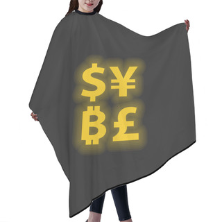 Personality  Bitcoin Currency Symbol With Dollar Yens And Pounds Signs Yellow Glowing Neon Icon Hair Cutting Cape