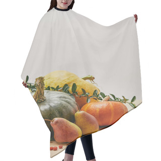 Personality  Autumnal Decor With Different Pumpkins, Pears And Firethorn Berries On Table Hair Cutting Cape